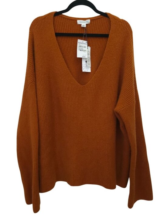 Treasure & Bond Sweaters - Treasure & Bond Rust Umber Cotton-Wool V-Neck Ribbed Knit Sweater Women's XXL
